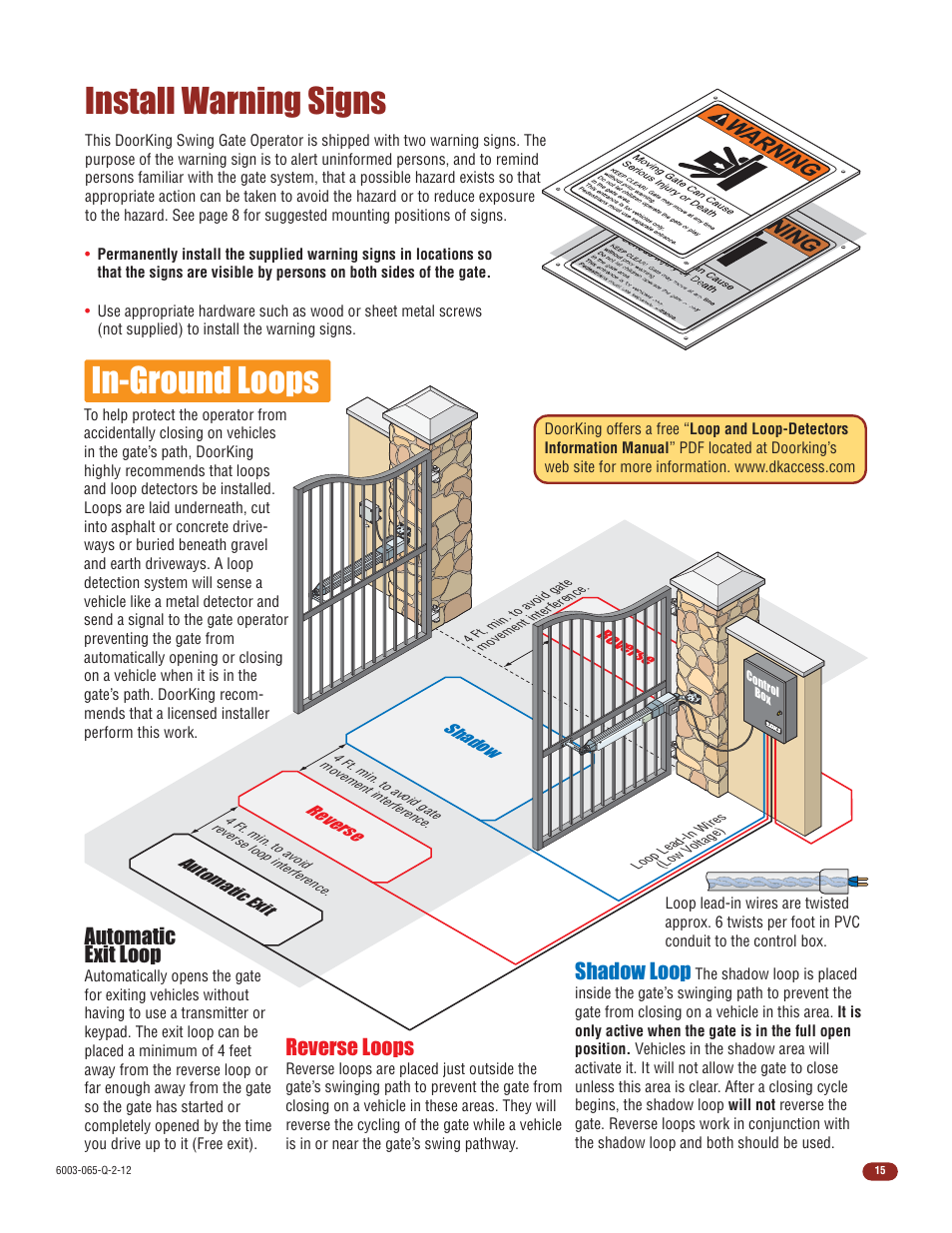 In-ground loops, Install warning signs, Automatic exit loop | Shadow loop, Reverse loops | Controlled Products Systems Group 6003-080 User Manual | Page 17 / 22