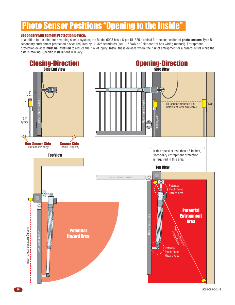 Photo sensor positions “opening to the inside, Closing-direction, Opening-direction | Controlled Products Systems Group 6003-080 User Manual | Page 18 / 22