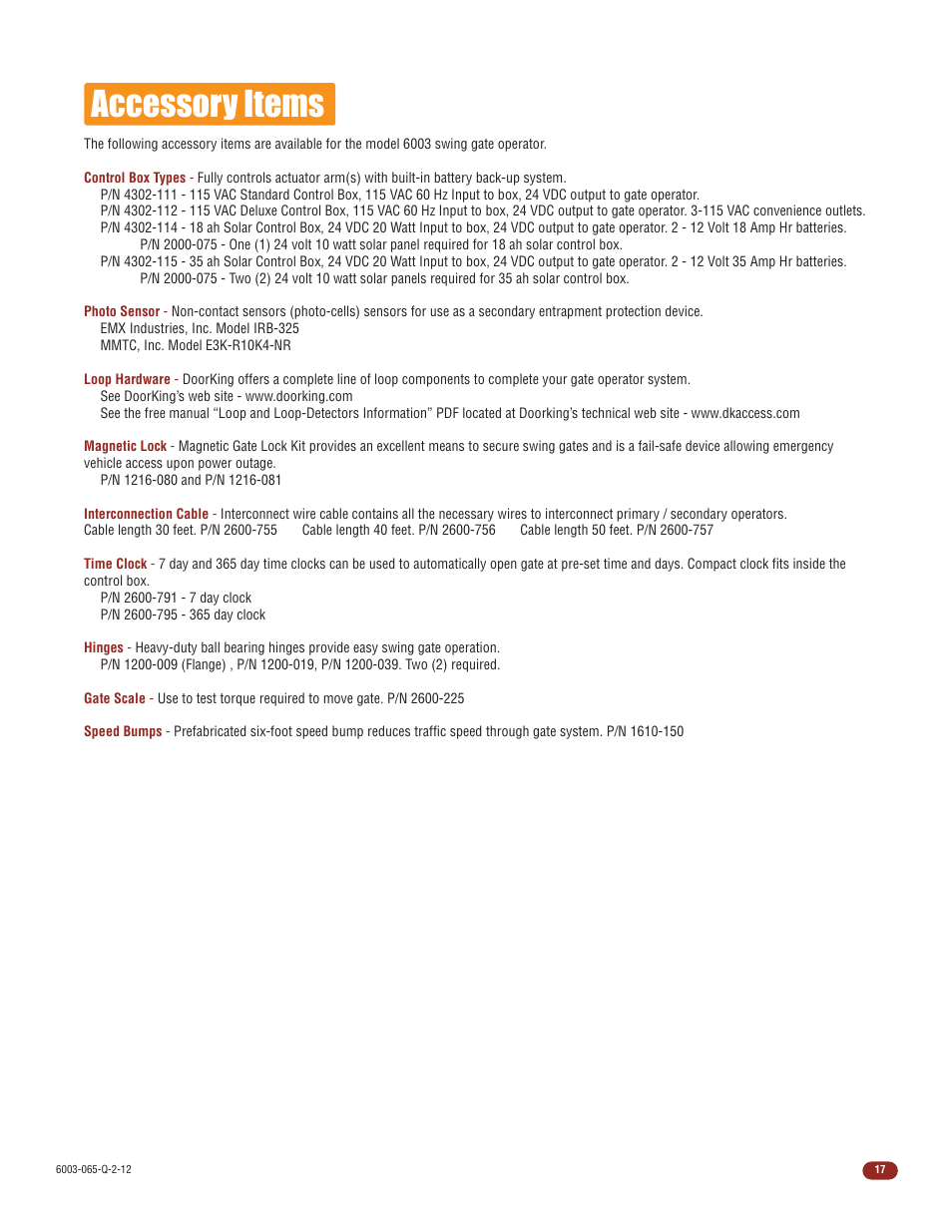 Accessory items | Controlled Products Systems Group 6003-080 User Manual | Page 19 / 22