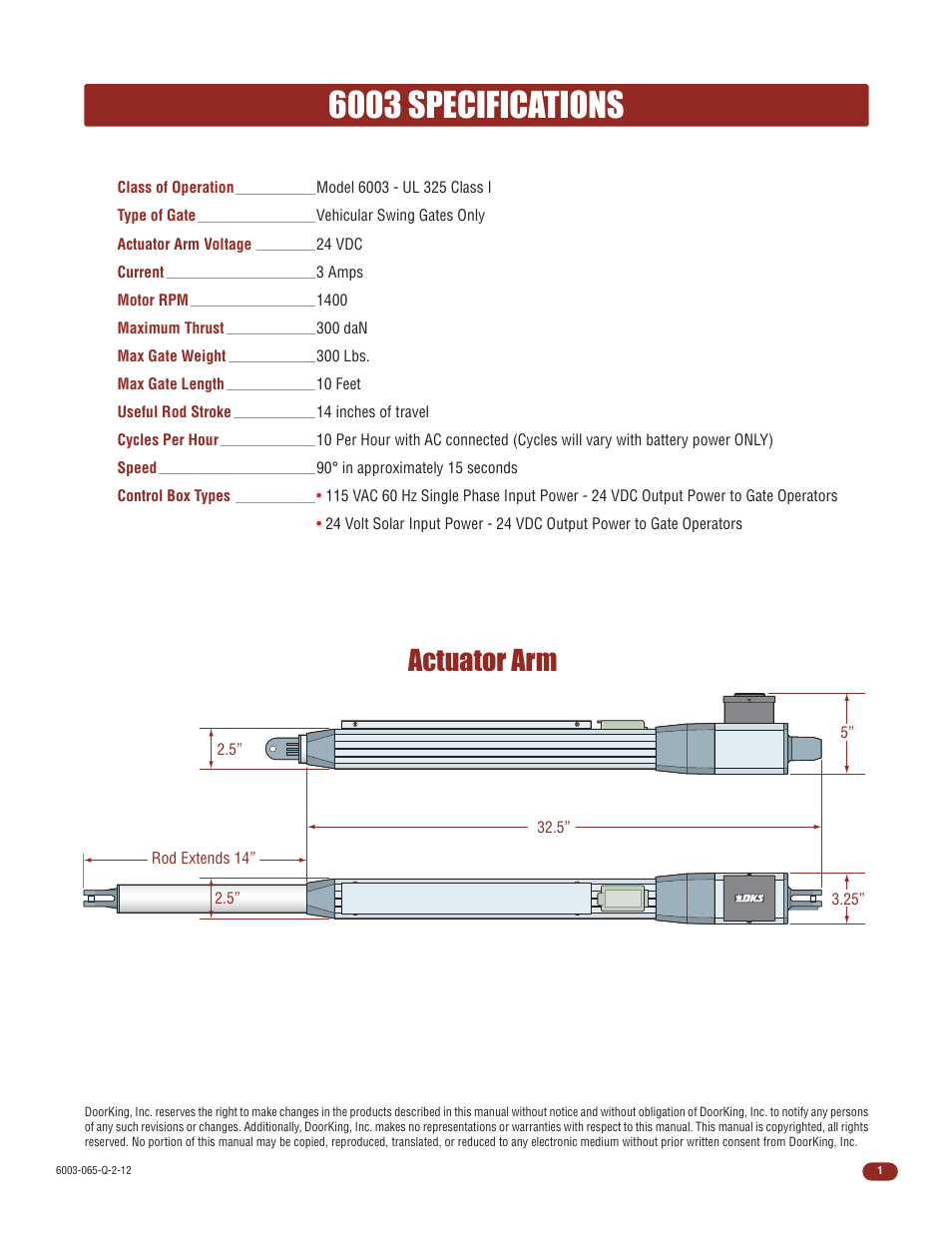6003 specifications, Actuator arm | Controlled Products Systems Group 6003-080 User Manual | Page 3 / 22