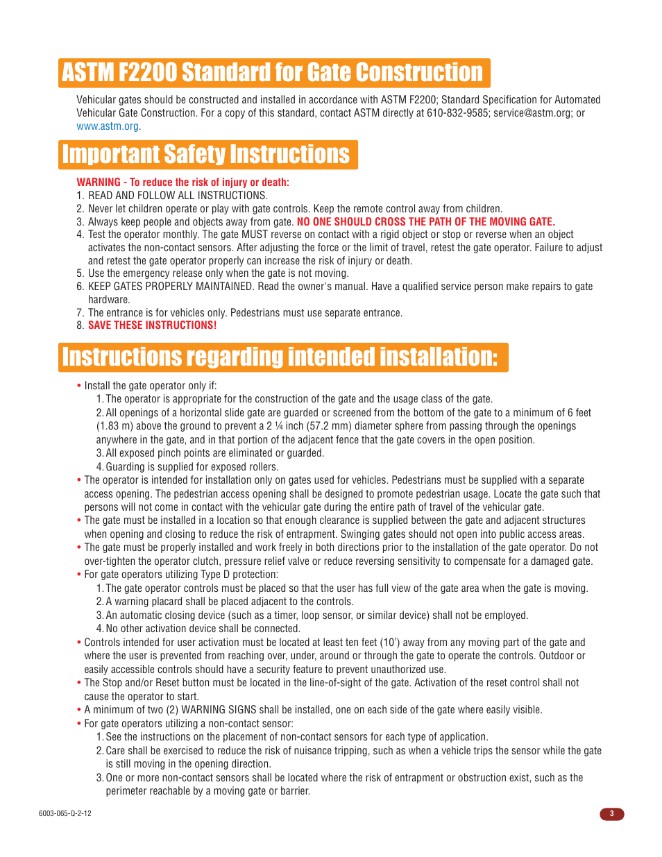 Instructions regarding intended installation, Important safety instructions, Astm f2200 standard for gate construction | Controlled Products Systems Group 6003-080 User Manual | Page 5 / 22
