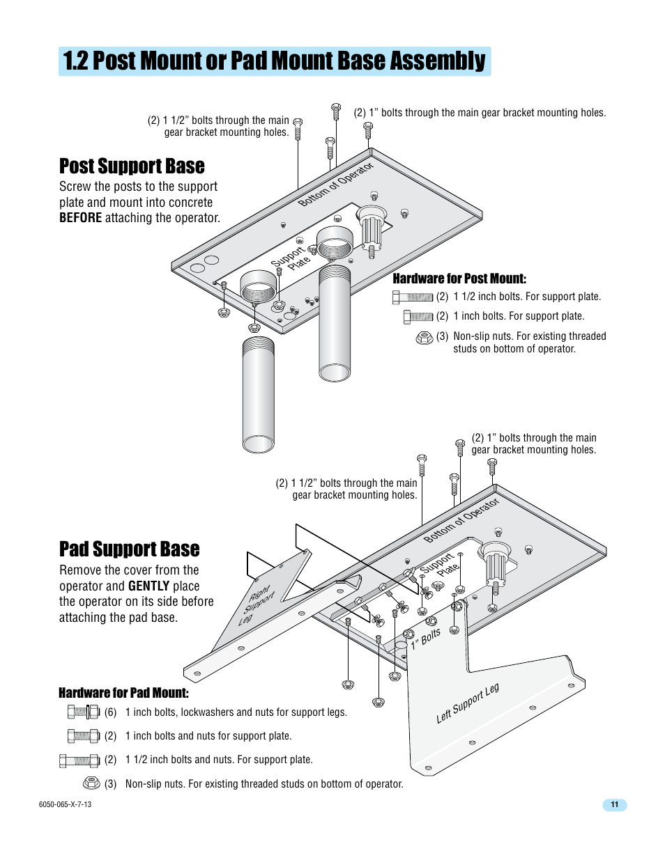 2 post mount or pad mount base assembly, Pad support base post support base | Controlled Products Systems Group 6050-080 User Manual | Page 13 / 46