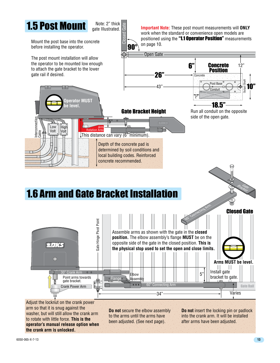 5 post mount 1.6 arm and gate bracket installation | Controlled Products Systems Group 6050-080 User Manual | Page 15 / 46