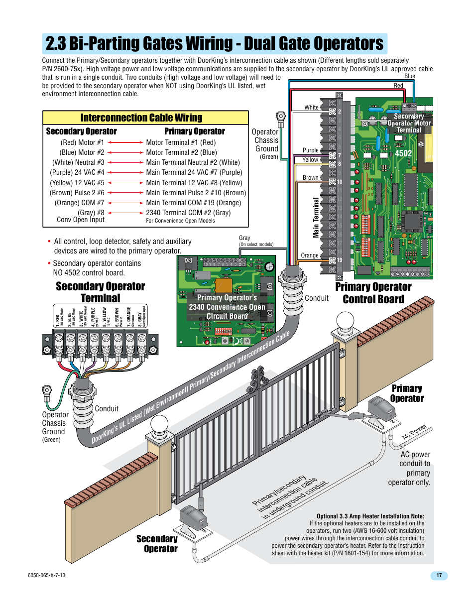 3 bi-parting gates wiring - dual gate operators, Secondary operator terminal, Primary operator control board | Interconnection cable wiring, Primary operator secondary operator, Conduit, Operator chassis ground, Ac power conduit to primary operator only | Controlled Products Systems Group 6050-080 User Manual | Page 19 / 46