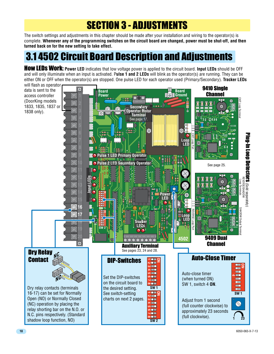 How leds work, Auto-close timer dry relay contact, Dip-switches | Nc no, Plug-in loop detectors, Auxiliary terminal | Controlled Products Systems Group 6050-080 User Manual | Page 20 / 46