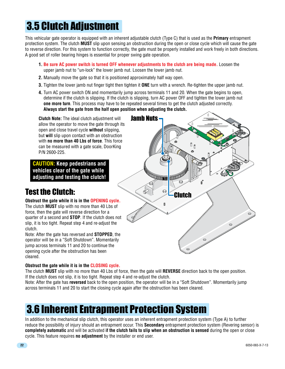 6 inherent entrapment protection system, 5 clutch adjustment, Test the clutch | Jamb nuts clutch | Controlled Products Systems Group 6050-080 User Manual | Page 24 / 46