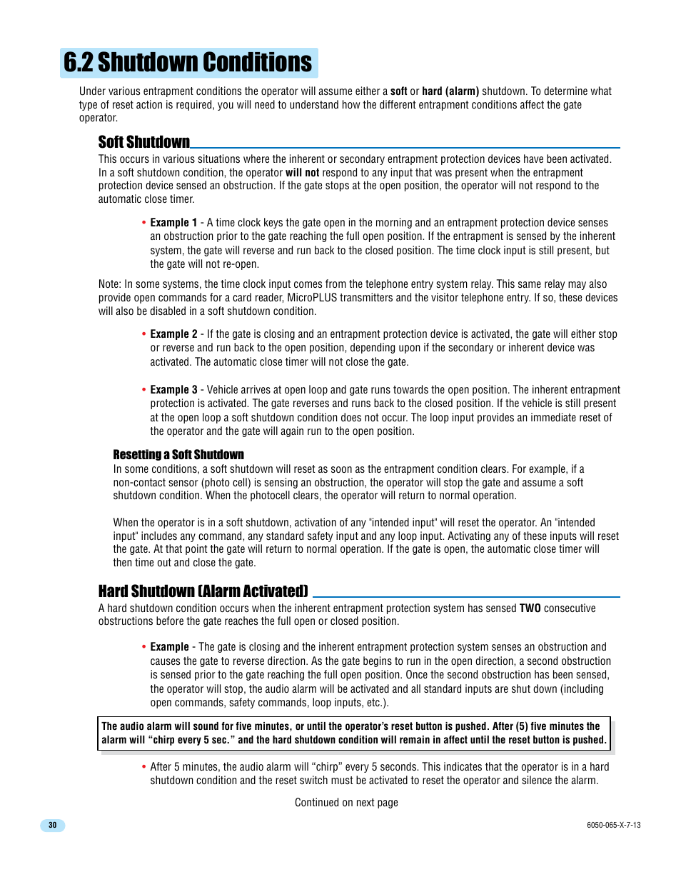 2 shutdown conditions, Soft shutdown, Hard shutdown (alarm activated) | Controlled Products Systems Group 6050-080 User Manual | Page 32 / 46