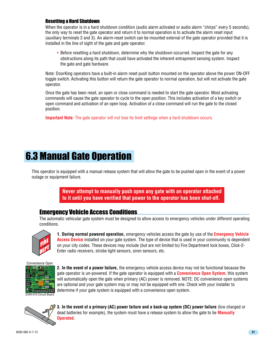3 manual gate operation, Emergency vehicle access conditions | Controlled Products Systems Group 6050-080 User Manual | Page 33 / 46