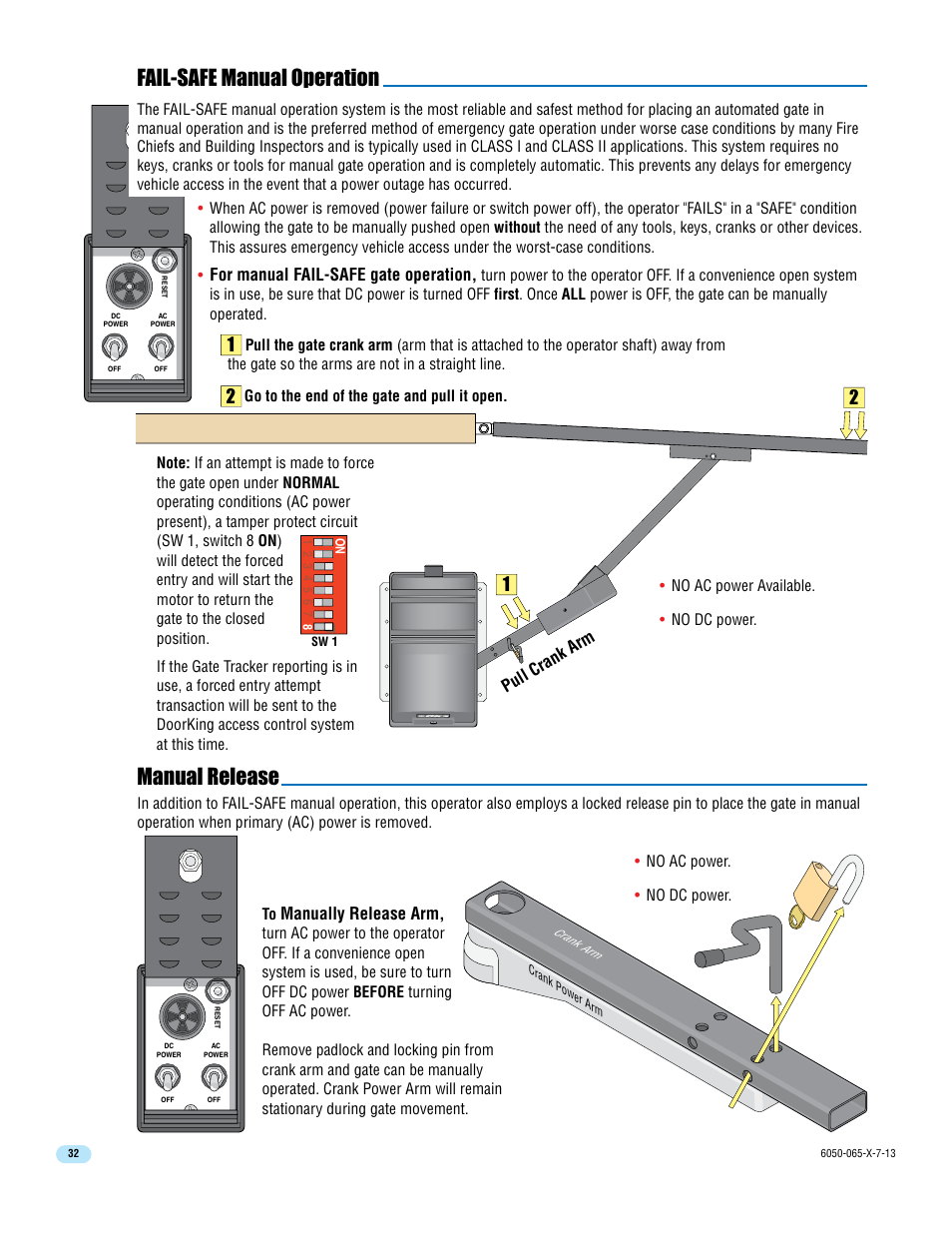 Fail-safe manual operation, Manual release, Pull crank arm | For manual fail-safe gate operation, Manually release arm | Controlled Products Systems Group 6050-080 User Manual | Page 34 / 46