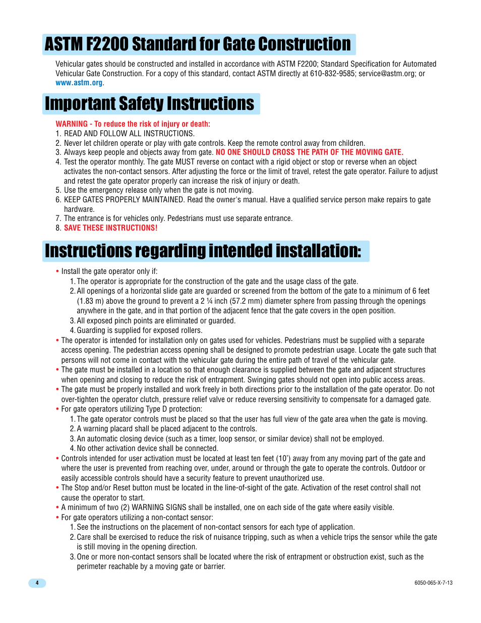 Instructions regarding intended installation, Important safety instructions, Astm f2200 standard for gate construction | Controlled Products Systems Group 6050-080 User Manual | Page 6 / 46