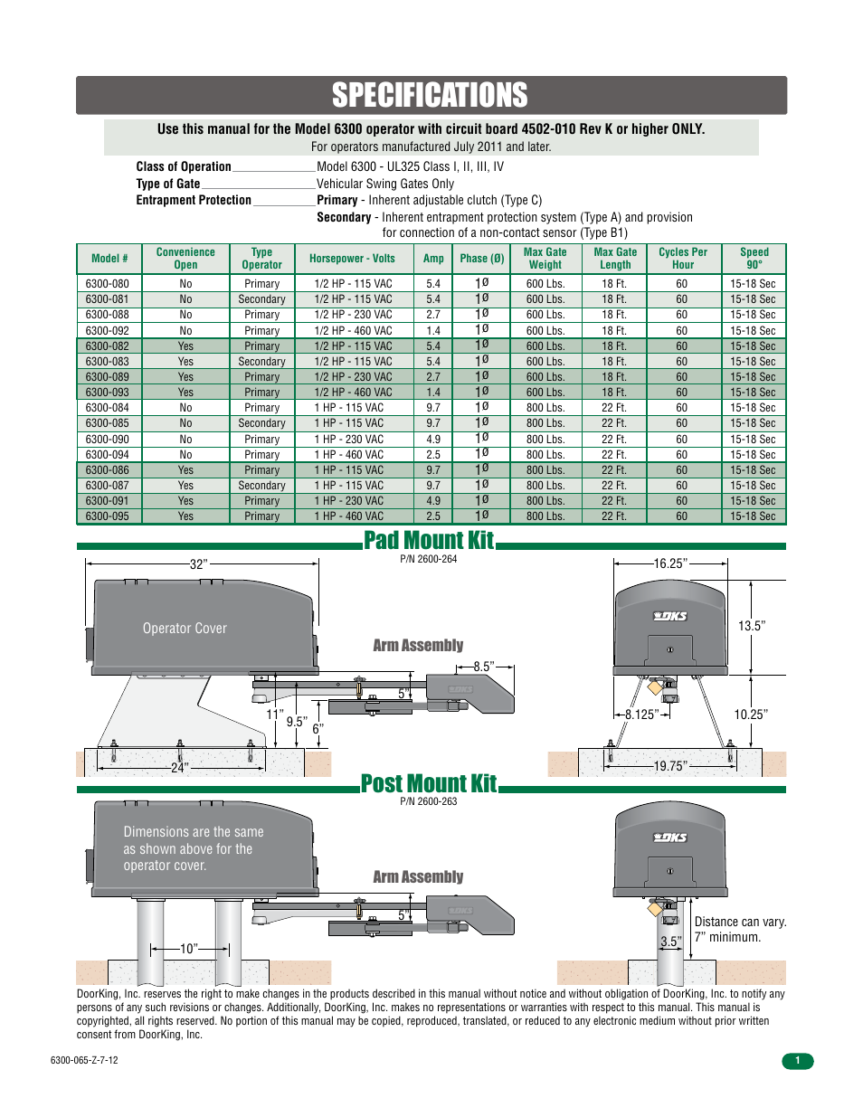 Specifications, Post mount kit, Pad mount kit | Arm assembly | Controlled Products Systems Group 6300-080 User Manual | Page 3 / 52