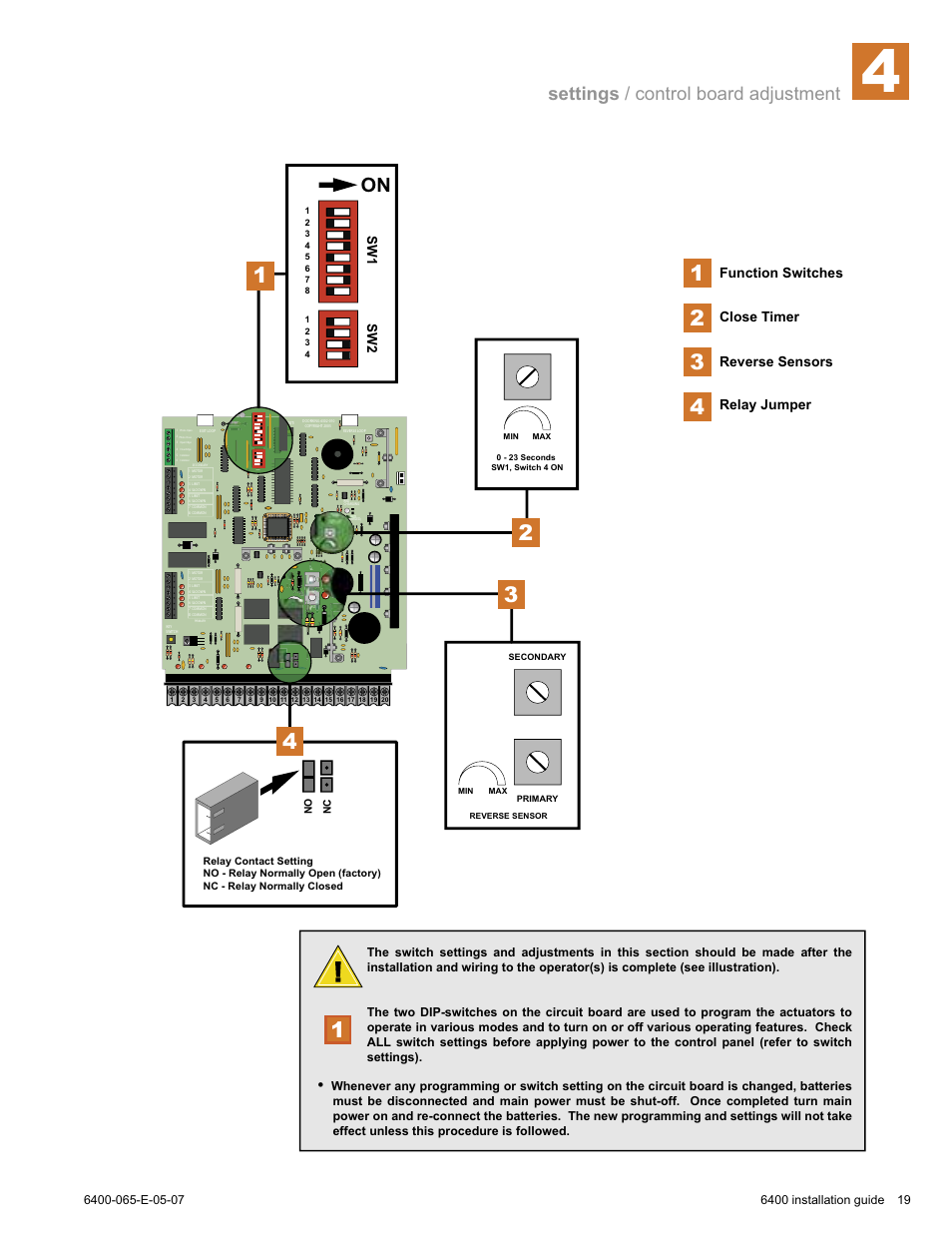 Settings / control board adjustment, Function switches, Close timer reverse sensors relay jumper | Sw1 sw2 | Controlled Products Systems Group 6400-080 User Manual | Page 19 / 28