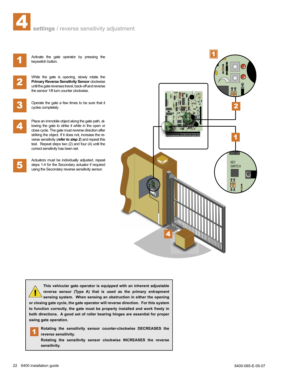 Settings / reverse sensitivity adjustment | Controlled Products Systems Group 6400-080 User Manual | Page 22 / 28