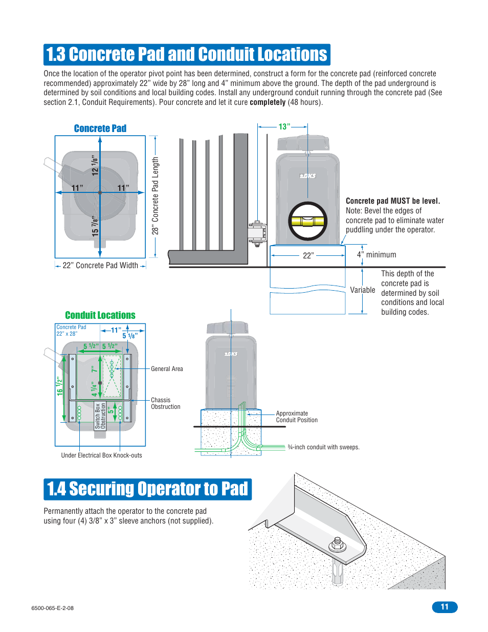 3 concrete pad and conduit locations, 4 securing operator to pad, Conduit locations concrete pad | Controlled Products Systems Group 6500-083 User Manual | Page 12 / 46
