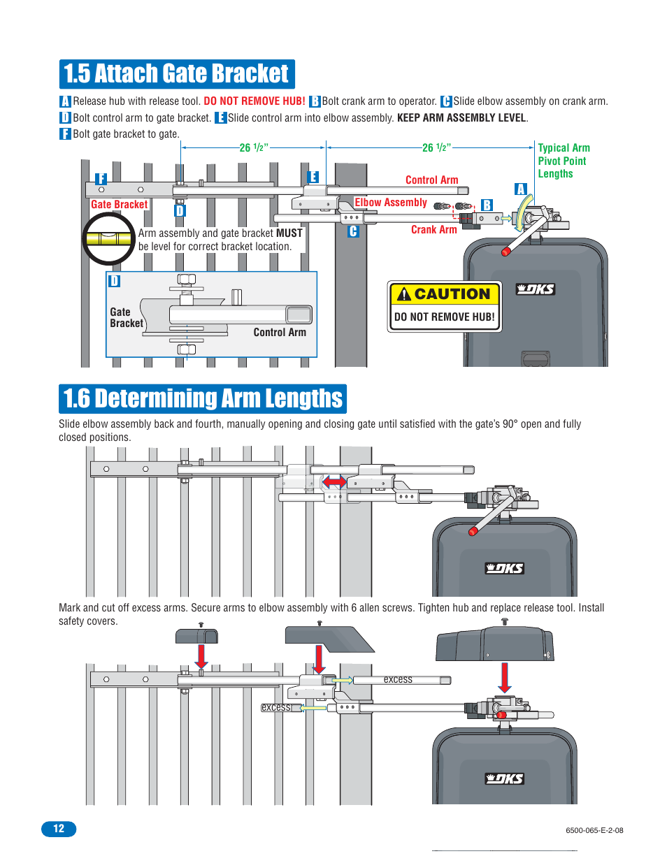 6 determining arm lengths 1.5 attach gate bracket, Caution | Controlled Products Systems Group 6500-083 User Manual | Page 13 / 46
