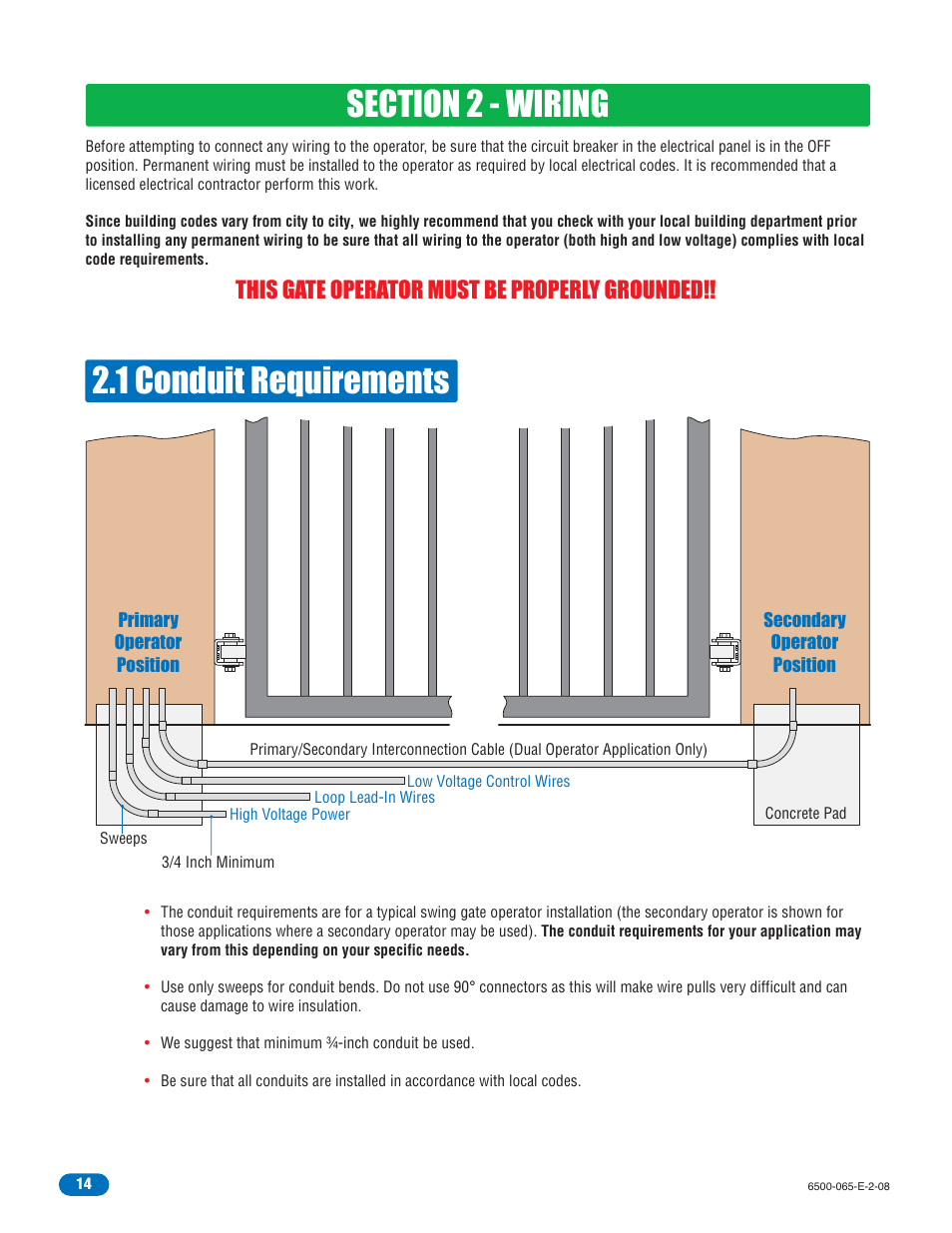 This gate operator must be properly grounded | Controlled Products Systems Group 6500-083 User Manual | Page 15 / 46