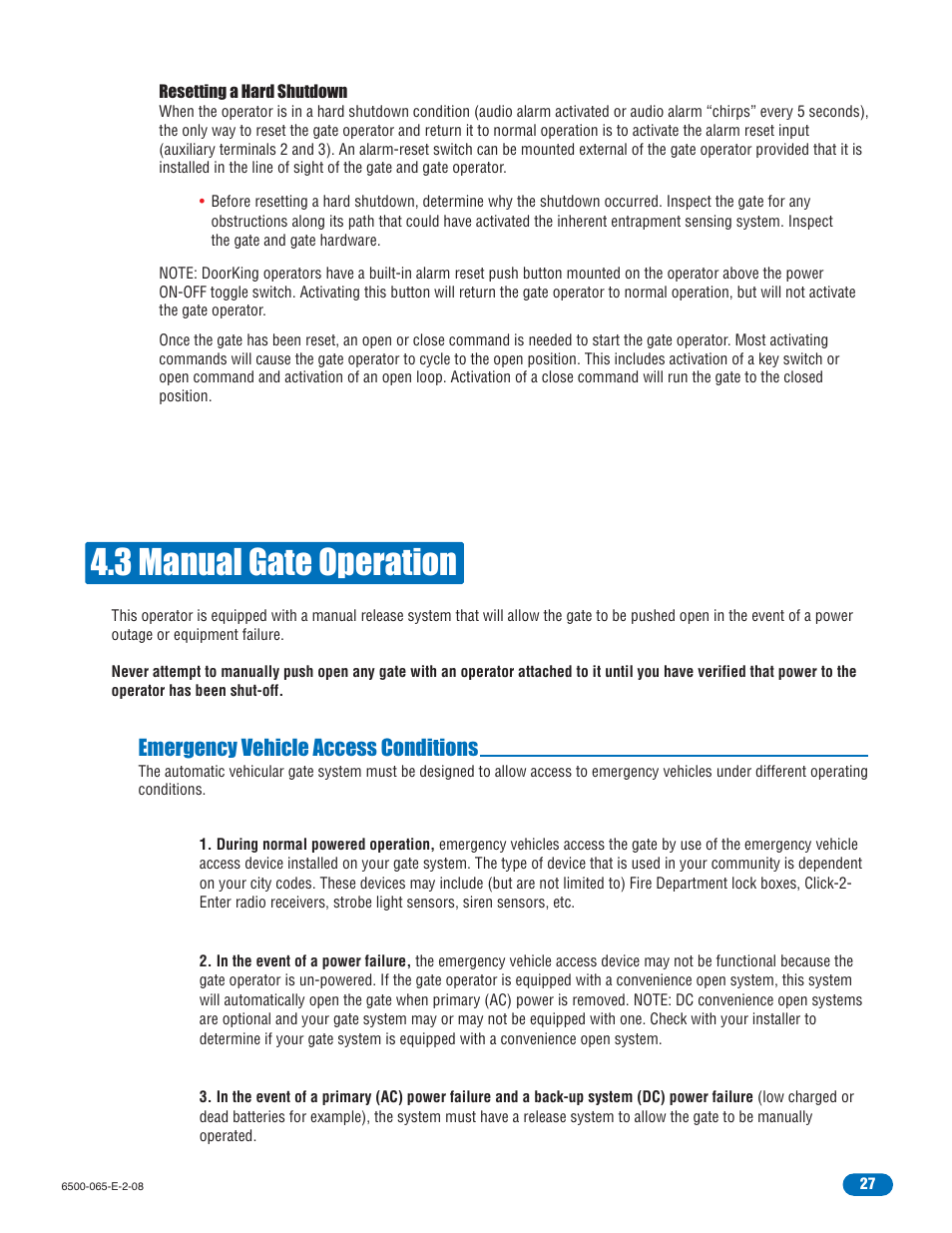 3 manual gate operation, Emergency vehicle access conditions | Controlled Products Systems Group 6500-083 User Manual | Page 28 / 46