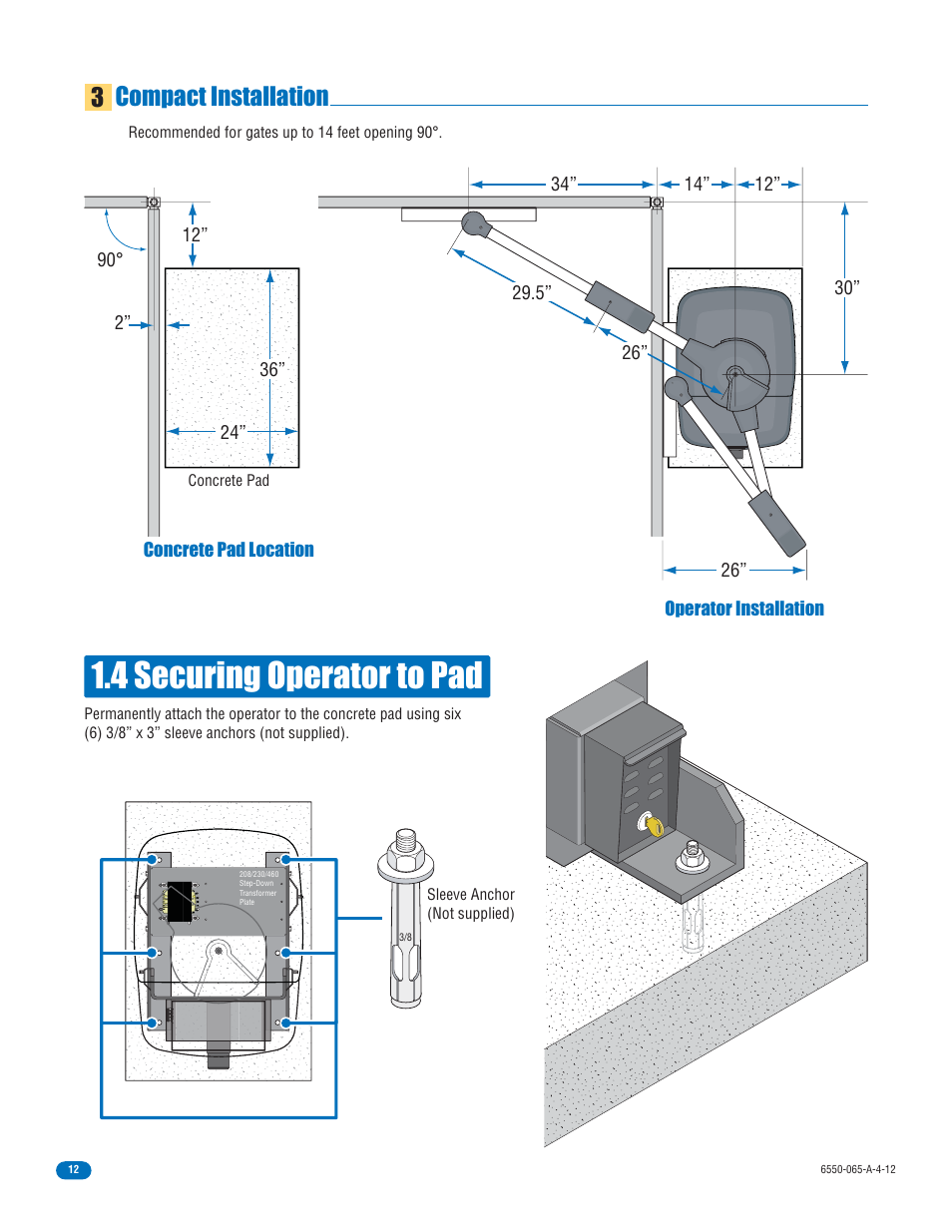 4 securing operator to pad, Compact installation 3 | Controlled Products Systems Group 6550-080 User Manual | Page 14 / 42