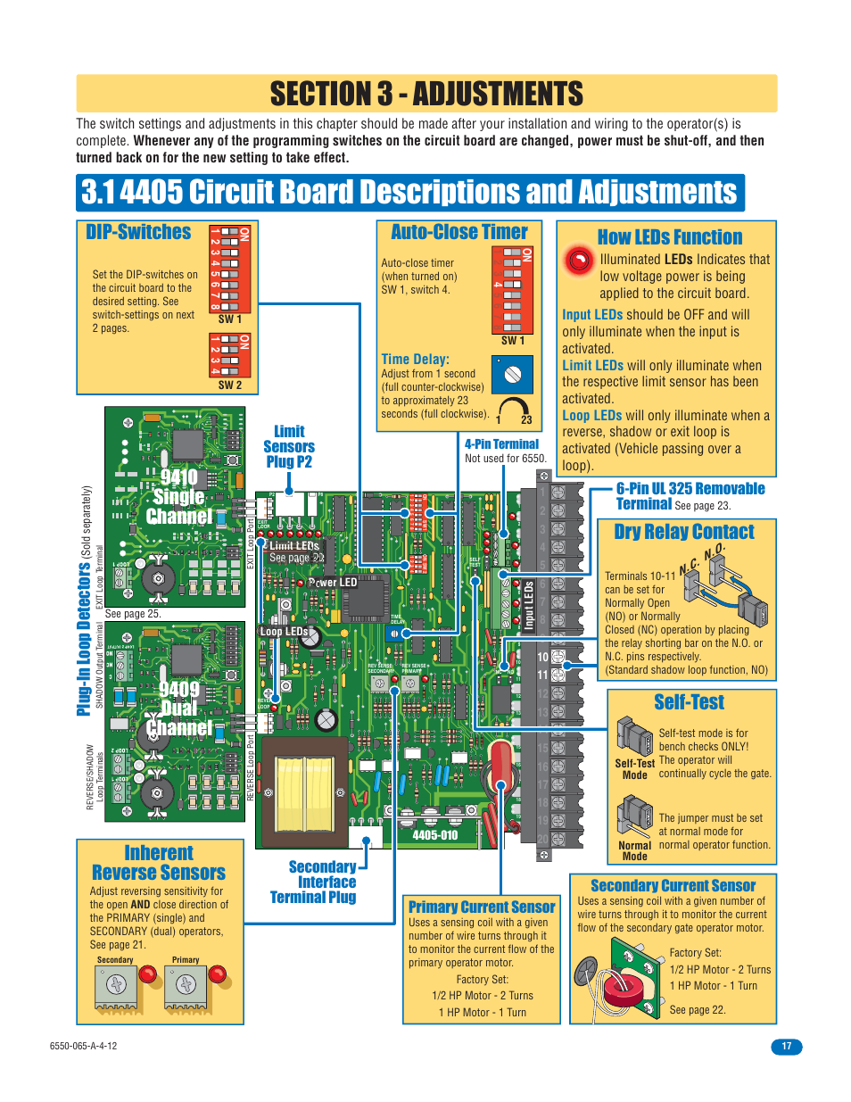 9410 single channel, Inherent reverse sensors, 9409 dual channel | Dry relay contact, Plug-in loop detectors, Secondary interface terminal plug, Primary current sensor, Secondary current sensor | Controlled Products Systems Group 6550-080 User Manual | Page 19 / 42