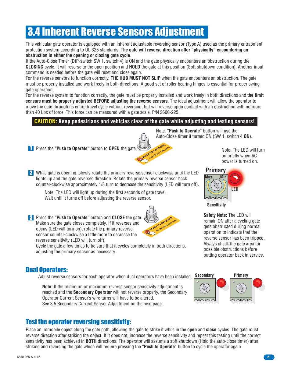 4 inherent reverse sensors adjustment, Primary | Controlled Products Systems Group 6550-080 User Manual | Page 23 / 42
