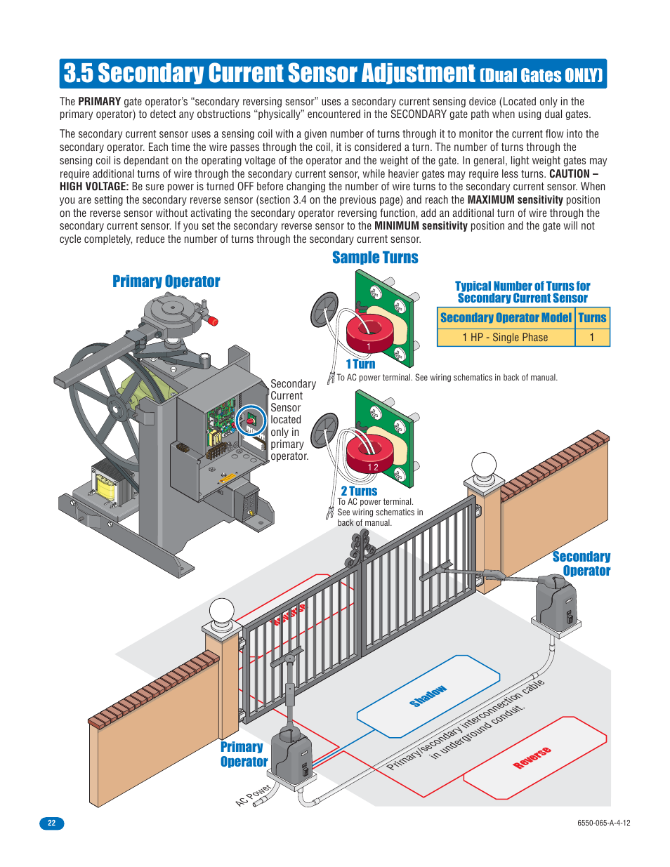 5 secondary current sensor adjustment, Dual gates only), Sample turns | Primary operator | Controlled Products Systems Group 6550-080 User Manual | Page 24 / 42