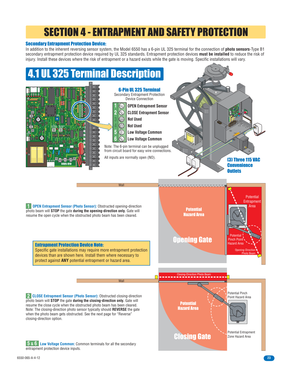 Opening gate closing gate, Pin ul 325 terminal, Pu sh to o pe rat e tec hn ici an use on ly | Potential hazard area potential hazard area | Controlled Products Systems Group 6550-080 User Manual | Page 25 / 42