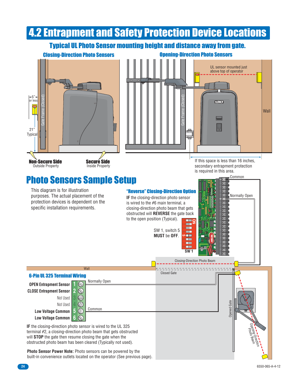 Photo sensors sample setup, Non-secure side, Secure side | Reverse” closing-direction option, Pin ul 325 terminal wiring, Wall | Controlled Products Systems Group 6550-080 User Manual | Page 26 / 42