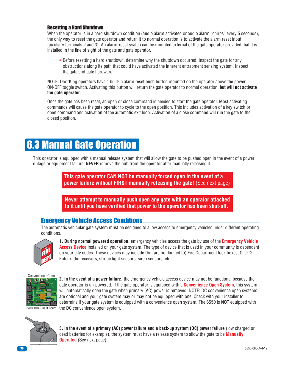 3 manual gate operation, Emergency vehicle access conditions | Controlled Products Systems Group 6550-080 User Manual | Page 32 / 42