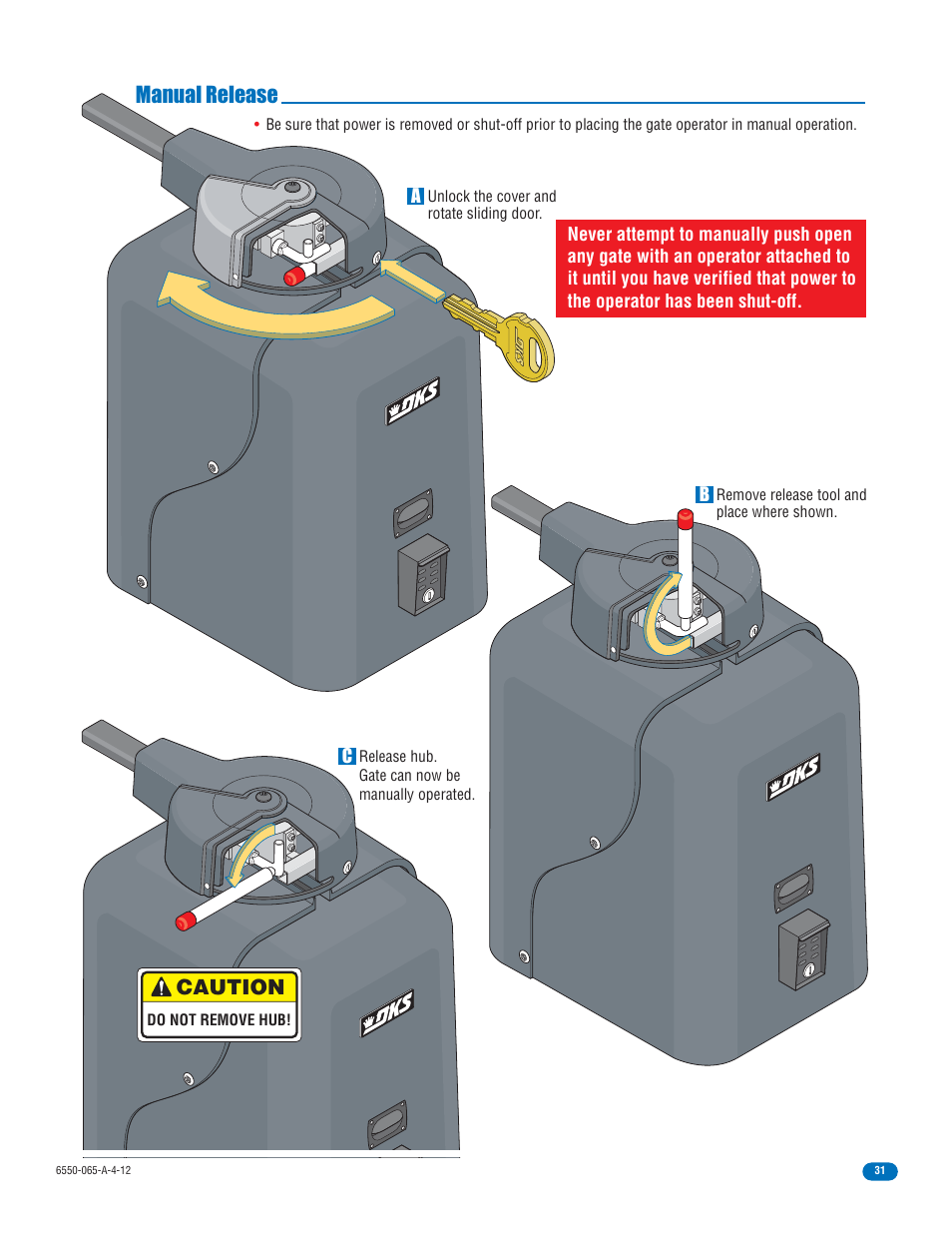 Manual release, Caution | Controlled Products Systems Group 6550-080 User Manual | Page 33 / 42