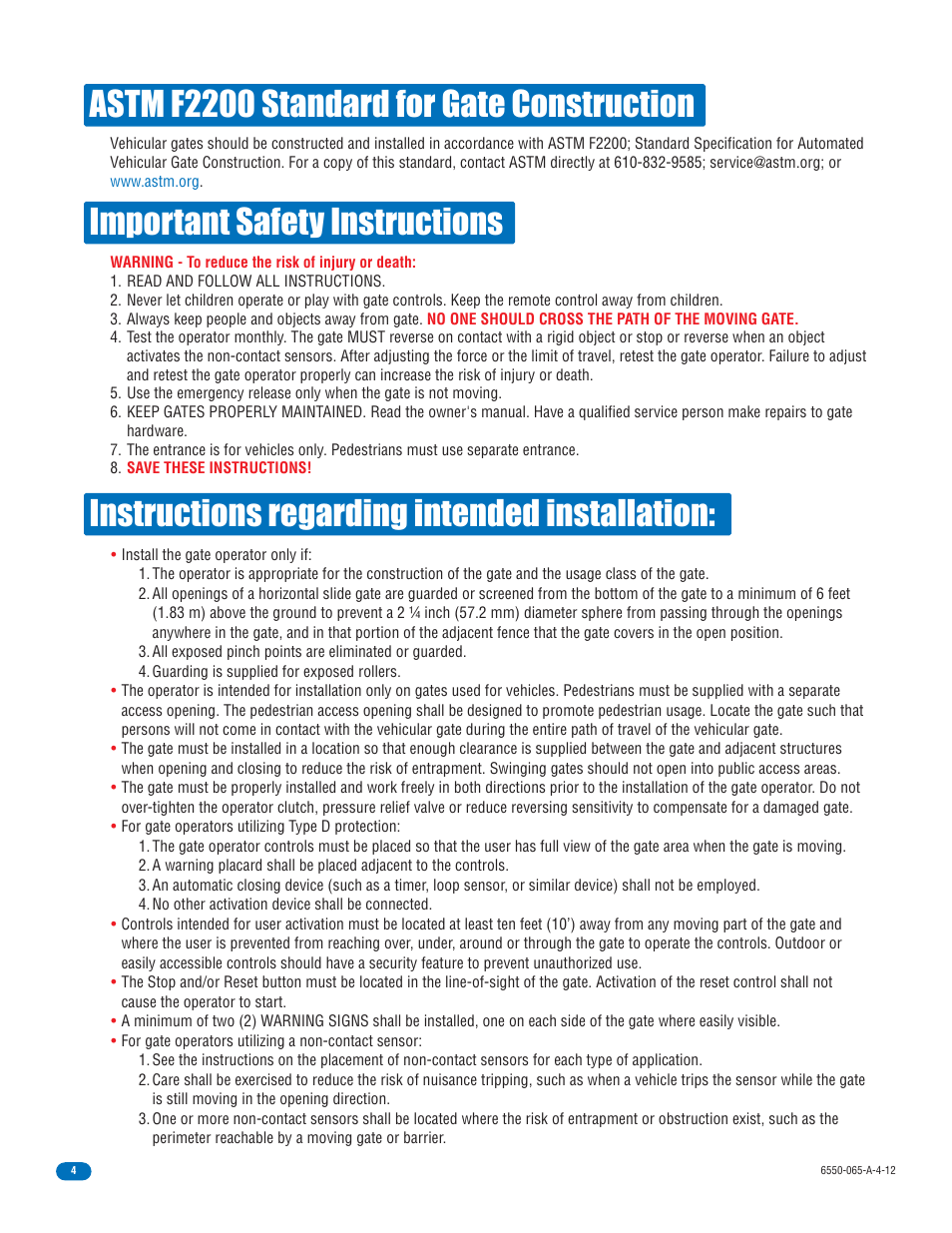 Instructions regarding intended installation, Important safety instructions, Astm f2200 standard for gate construction | Controlled Products Systems Group 6550-080 User Manual | Page 6 / 42