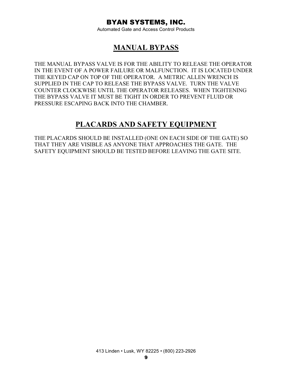 Manual bypass, Placards and safety equipment | Controlled Products Systems Group 800IOL User Manual | Page 10 / 30