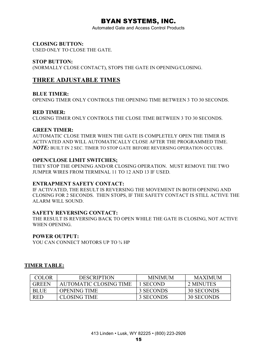Byan systems, inc, Three adjustable times | Controlled Products Systems Group 800IOL User Manual | Page 16 / 30