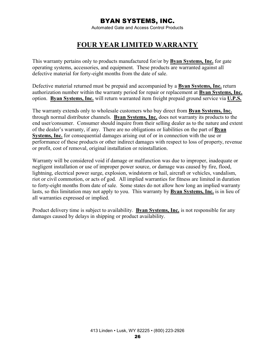Four year limited warranty | Controlled Products Systems Group 800IOL User Manual | Page 27 / 30