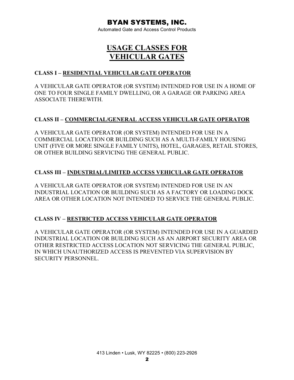 Usage classes for vehicular gates | Controlled Products Systems Group 800IOL User Manual | Page 3 / 30