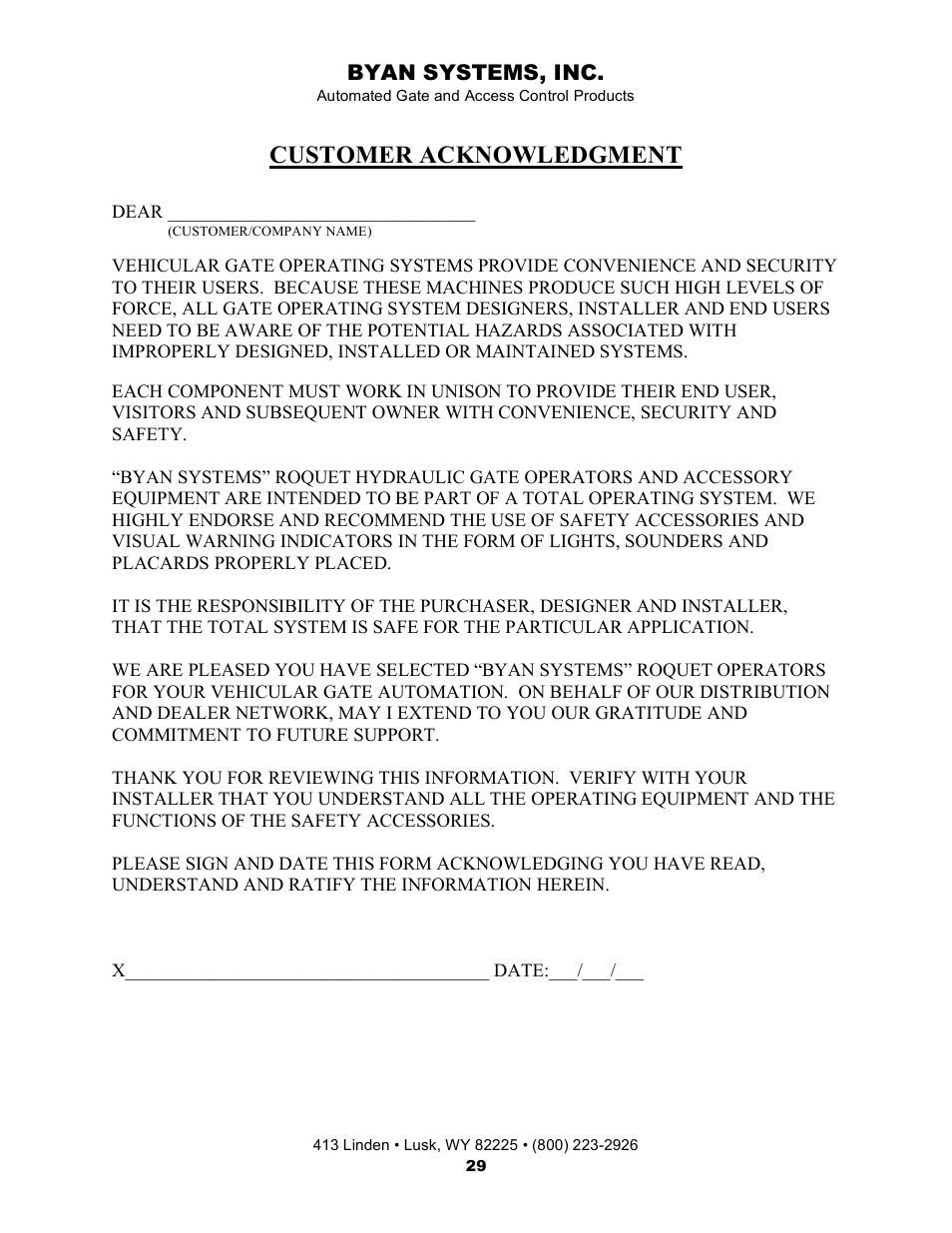 Customer acknowledgment, Byan systems, inc | Controlled Products Systems Group 800IOL User Manual | Page 30 / 30