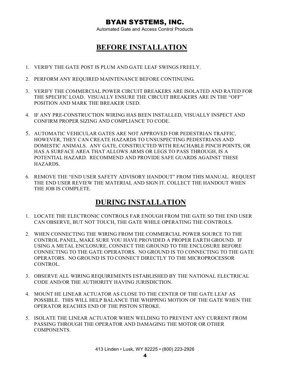 Before installation, During installation, Byan systems, inc | Controlled Products Systems Group 800IOL User Manual | Page 5 / 30