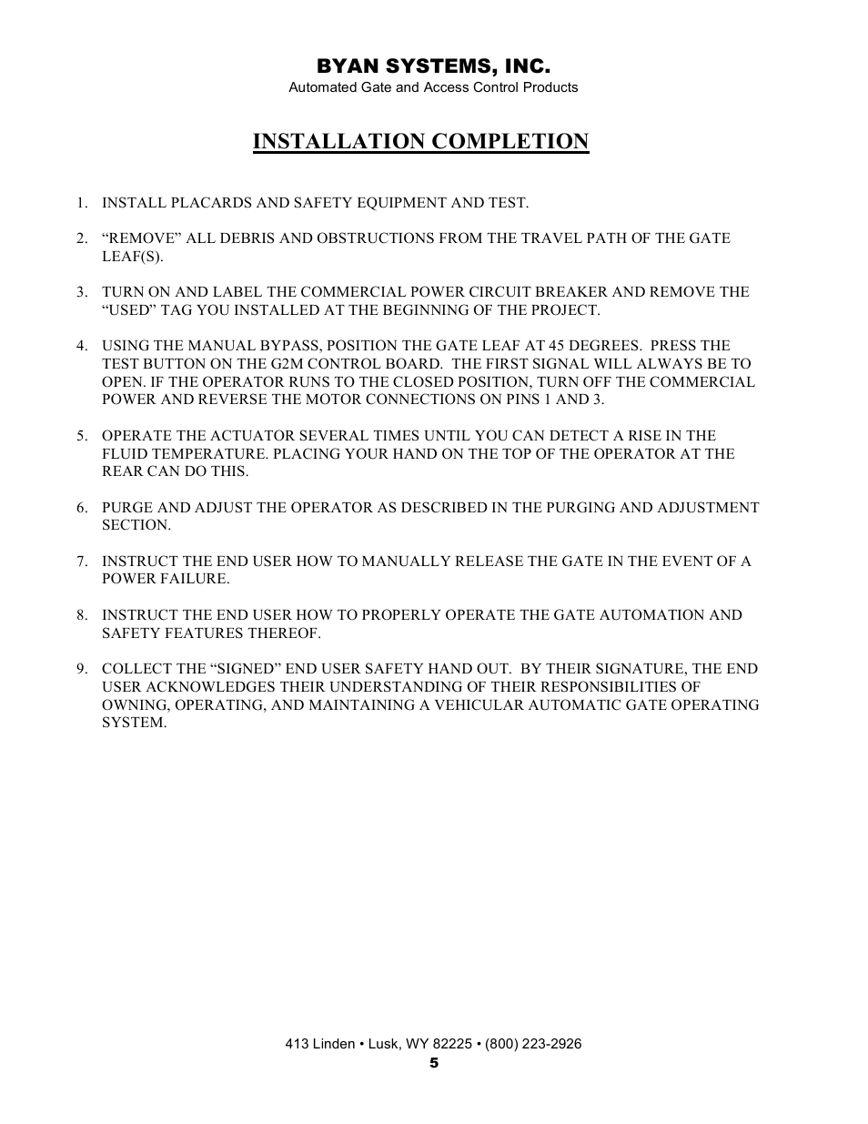 Installation completion, Byan systems, inc | Controlled Products Systems Group 800IOL User Manual | Page 6 / 30