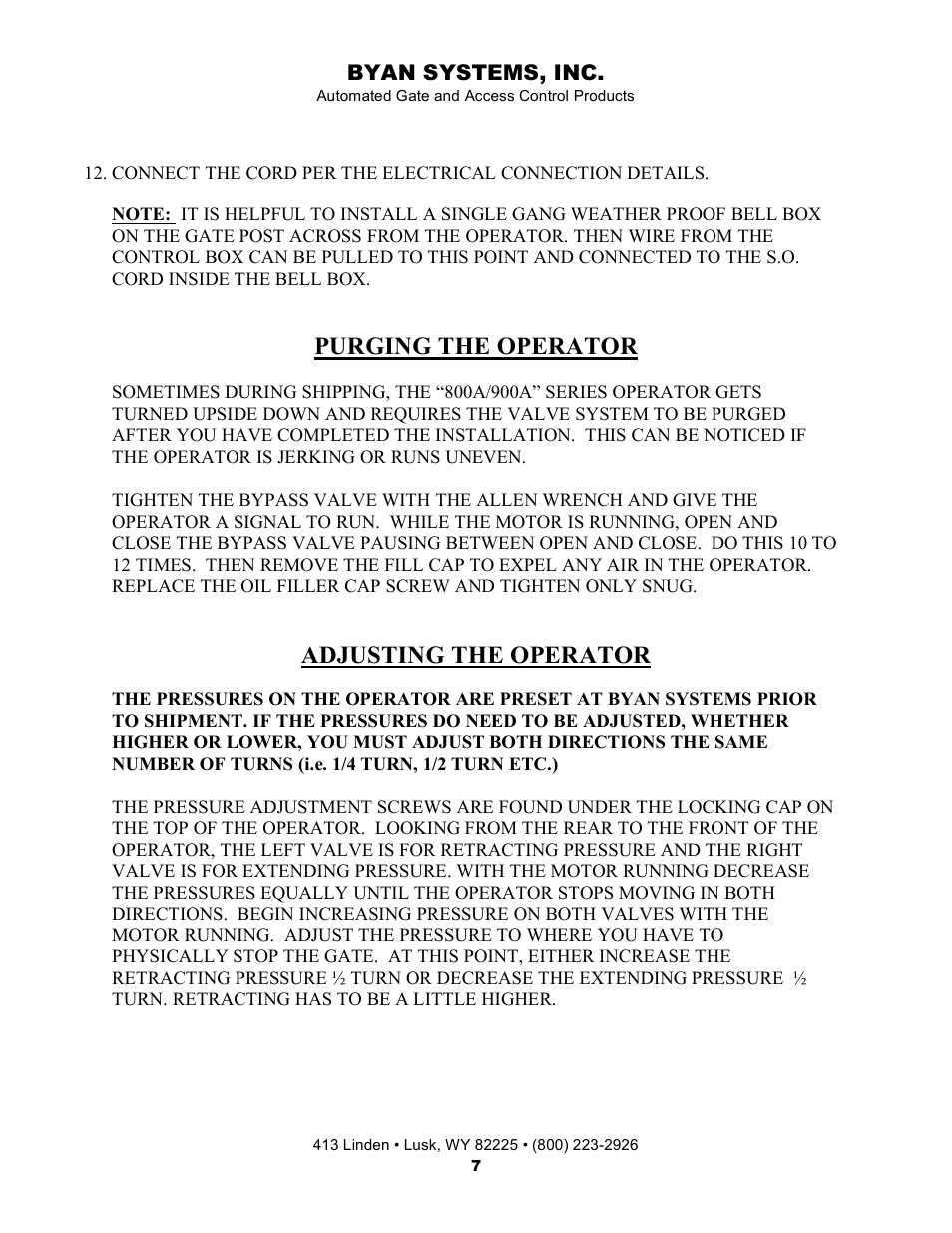 Purging the operator, Adjusting the operator | Controlled Products Systems Group 800IOL User Manual | Page 8 / 30