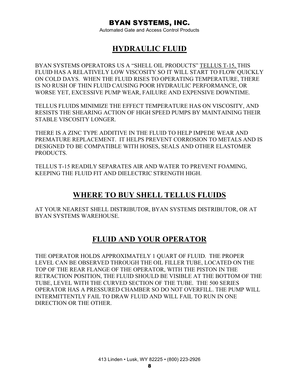 Hydraulic fluid, Where to buy shell tellus fluids, Fluid and your operator | Controlled Products Systems Group 800IOL User Manual | Page 9 / 30