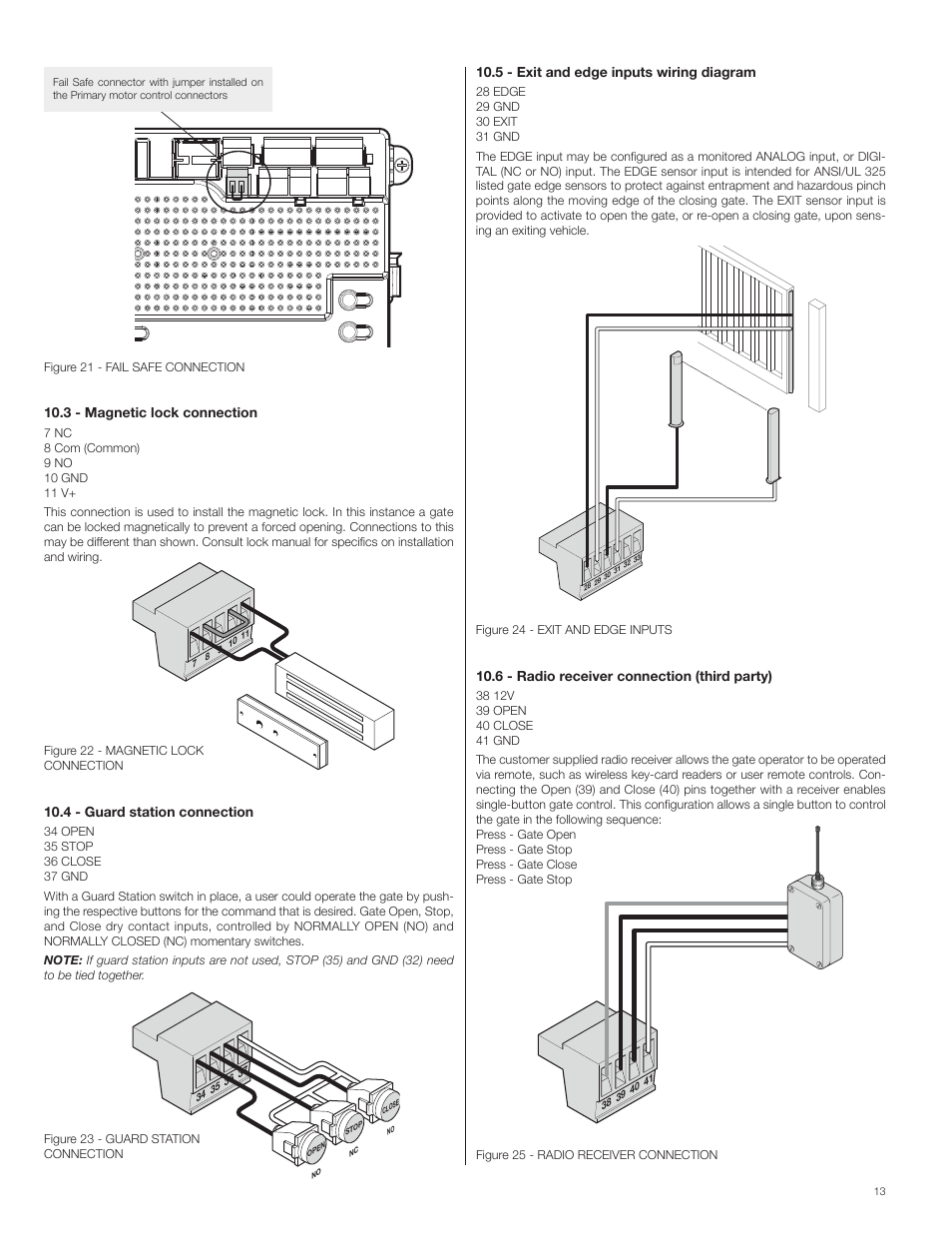 5 - exit and edge inputs wiring diagram, 6 - radio receiver connection (third party), 3 - magnetic lock connection | 4 - guard station connection | Controlled Products Systems Group 8300SL User Manual | Page 15 / 28