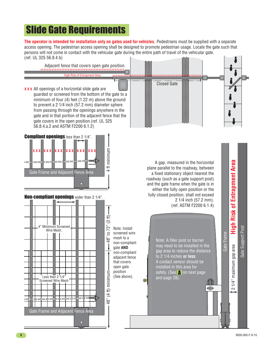 Slide gate requirements, High risk of entrapment area | Controlled Products Systems Group 9000-080 User Manual | Page 10 / 44