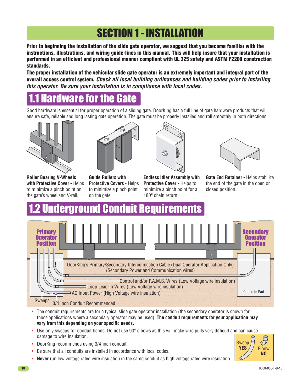 1 hardware for the gate, 2 underground conduit requirements | Controlled Products Systems Group 9000-080 User Manual | Page 12 / 44