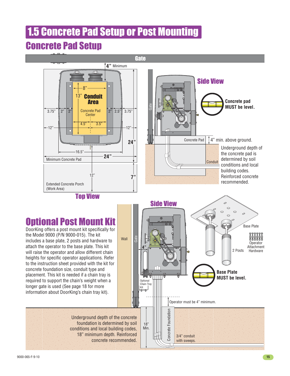 5 concrete pad setup or post mounting, Concrete pad setup, Optional post mount kit | Top view side view side view | Controlled Products Systems Group 9000-080 User Manual | Page 17 / 44
