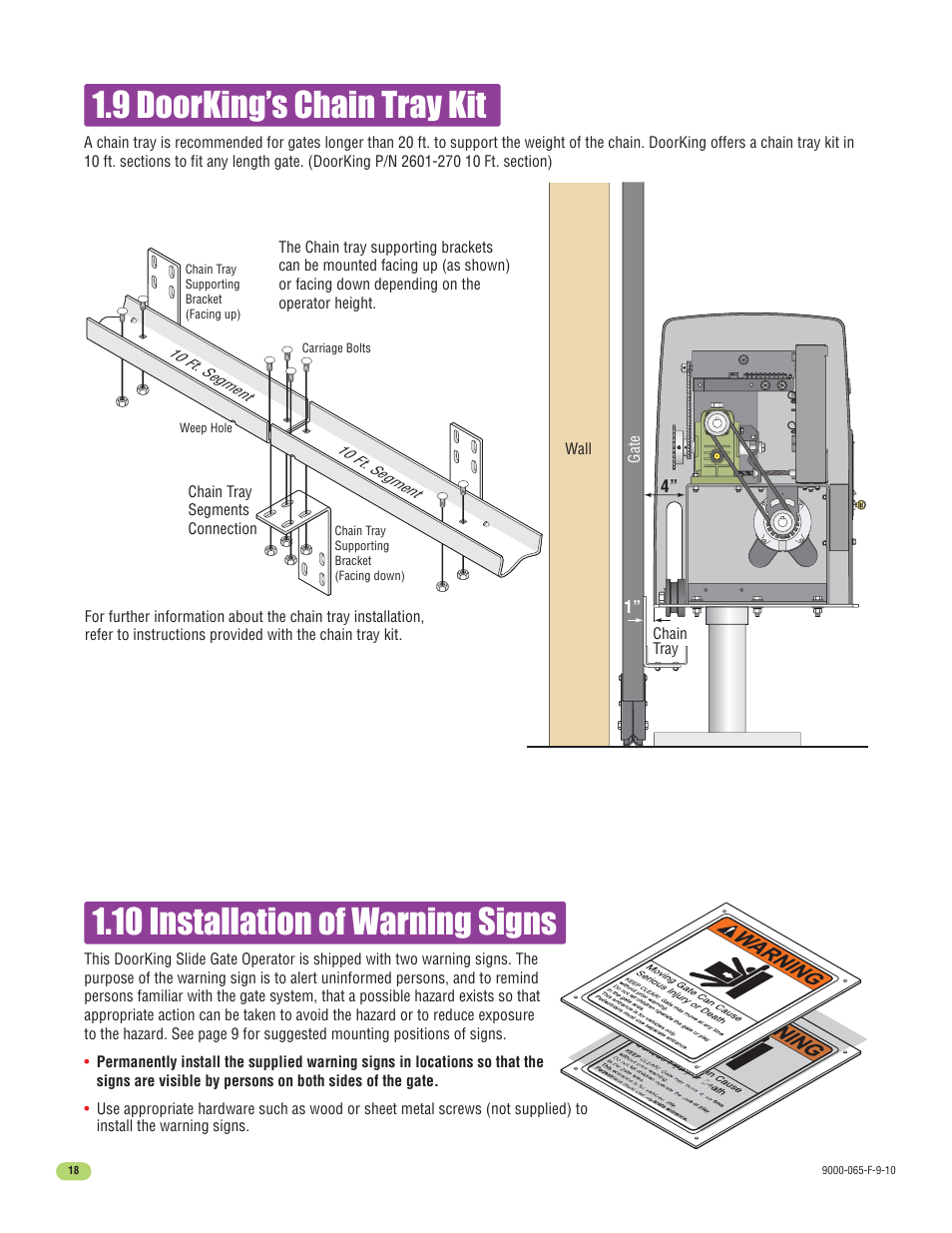 10 installation of warning signs, 9 doorking’s chain tray kit | Controlled Products Systems Group 9000-080 User Manual | Page 20 / 44