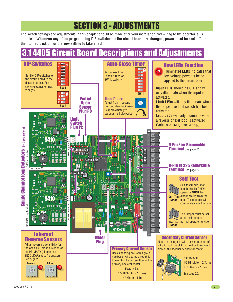 Inherent reverse sensors, Single channel loop detectors, Motor plug | Pin non-removable terminal, Primary current sensor, Secondary current sensor, Time delay, Illuminated leds | Controlled Products Systems Group 9000-080 User Manual | Page 23 / 44