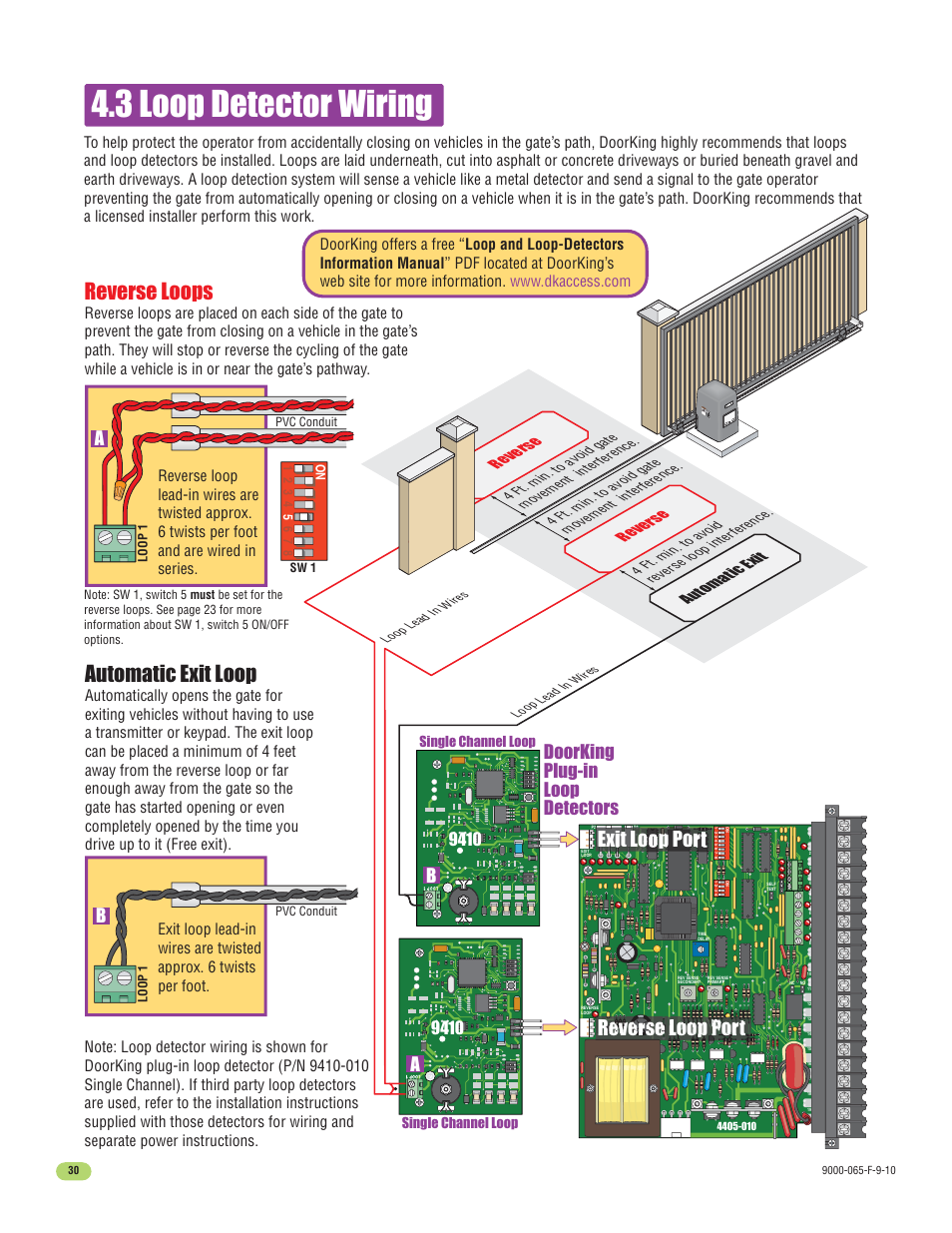 3 loop detector wiring, Automatic exit loop, Reverse loops | Exit loop port reverse loop port, Doorking plug-in loop detectors | Controlled Products Systems Group 9000-080 User Manual | Page 32 / 44