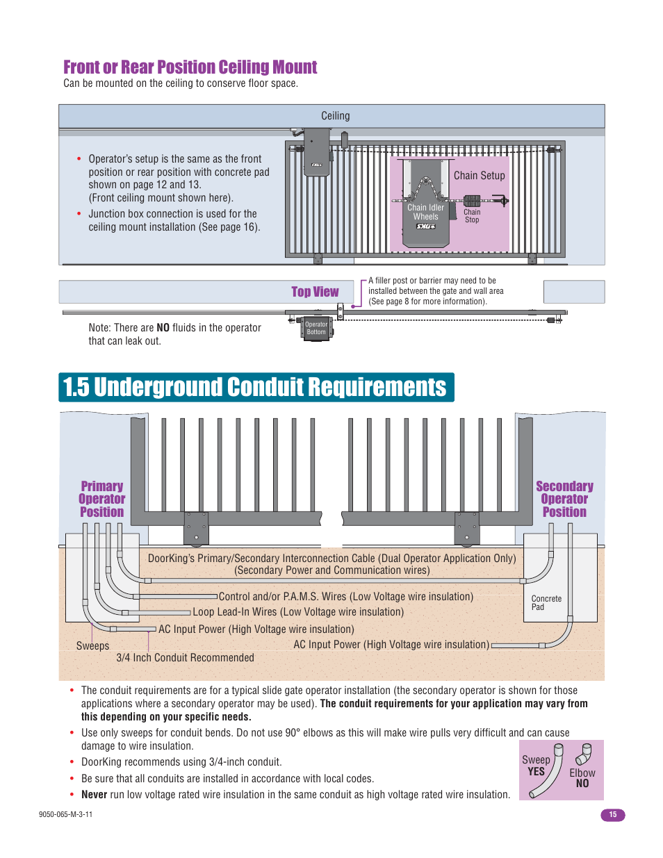 5 underground conduit requirements, Front or rear position ceiling mount | Controlled Products Systems Group 9050-080 User Manual | Page 17 / 42