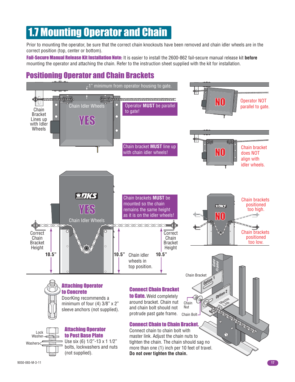 7 mounting operator and chain, Positioning operator and chain brackets | Controlled Products Systems Group 9050-080 User Manual | Page 19 / 42