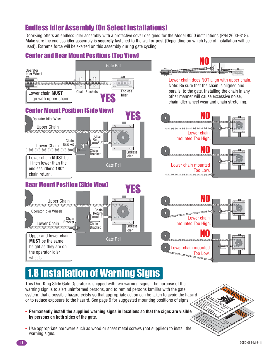 8 installation of warning signs, Endless idler assembly (on select installations) | Controlled Products Systems Group 9050-080 User Manual | Page 20 / 42