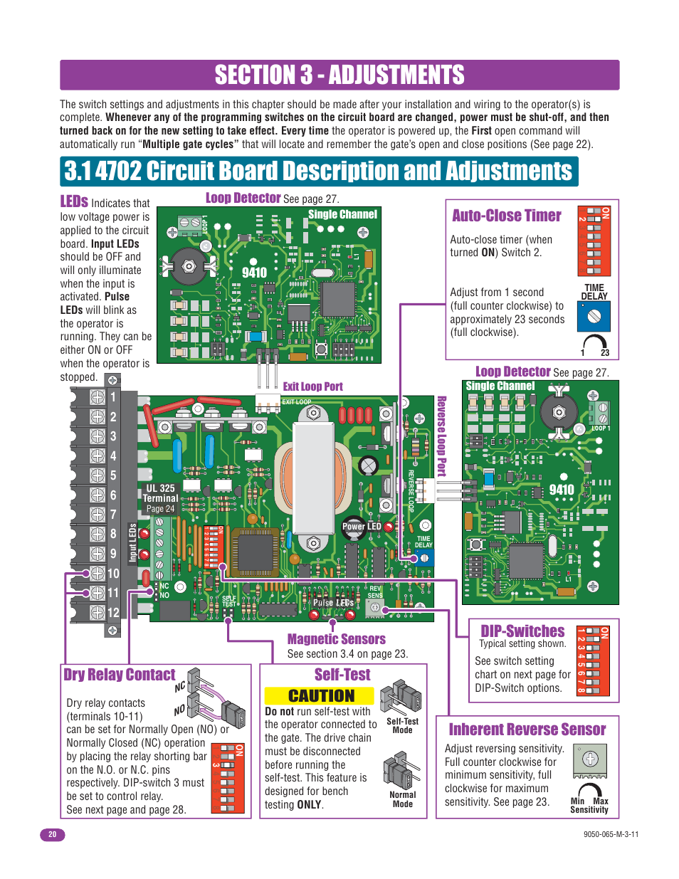 Auto-close timer dry relay contact leds, Inherent reverse sensor caution, Self-test | Dip-switches, Magnetic sensors, Loop detector | Controlled Products Systems Group 9050-080 User Manual | Page 22 / 42